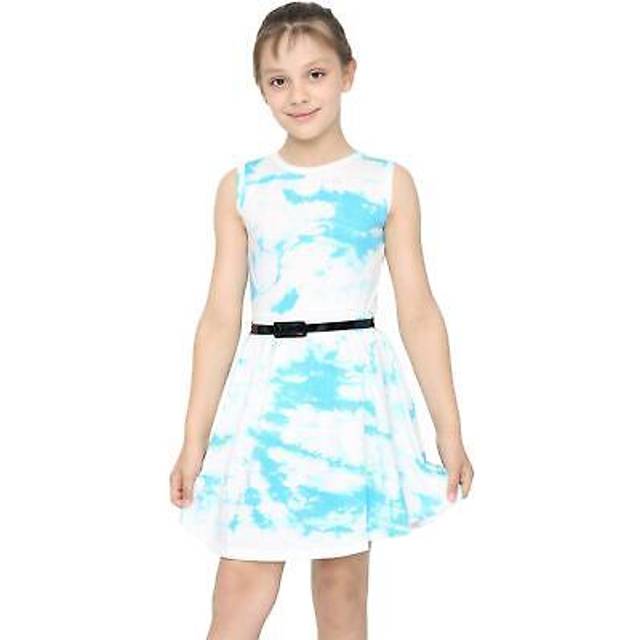 (9-10 Years, Blue) Girls Skater Dress Tie Dye Print Summer Party 5-13