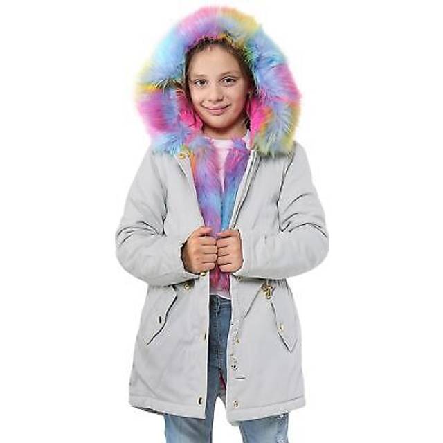 (11-12 Years, Silver Grey) Girls Rainbow Fur Silver Grey Parka Hooded Jacket
