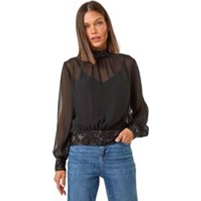 Roman Black High Neck Chiffon Sequin Stretch Top - Size 14