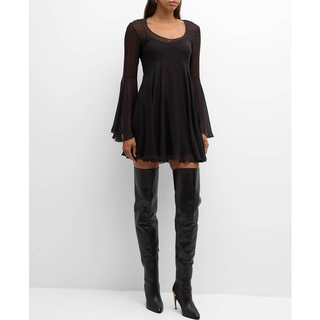 Bell Sleeve Silk Georgette Mini Dress - BLACK - 38 FR (6 US)