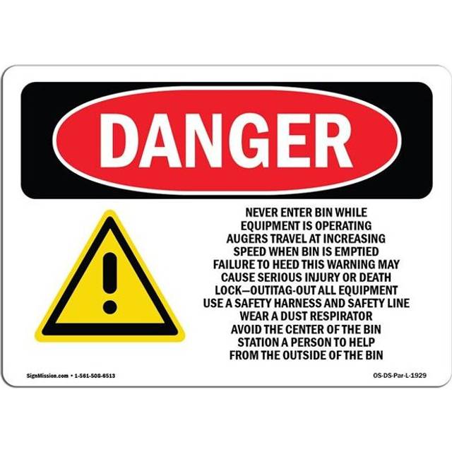 SignMission OS-DS-D-35-L-1929 OSHA Danger Sign - Grain Bin Silo Safety