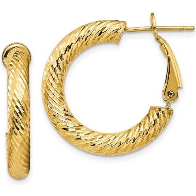 14K Yellow Gold 4 x 15 mm Diamond-Cut Round Omega Back Hoop Earrings