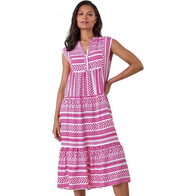 Aztec Print Tiered Midi Smock Dress - Pink - Size 18 - Roman