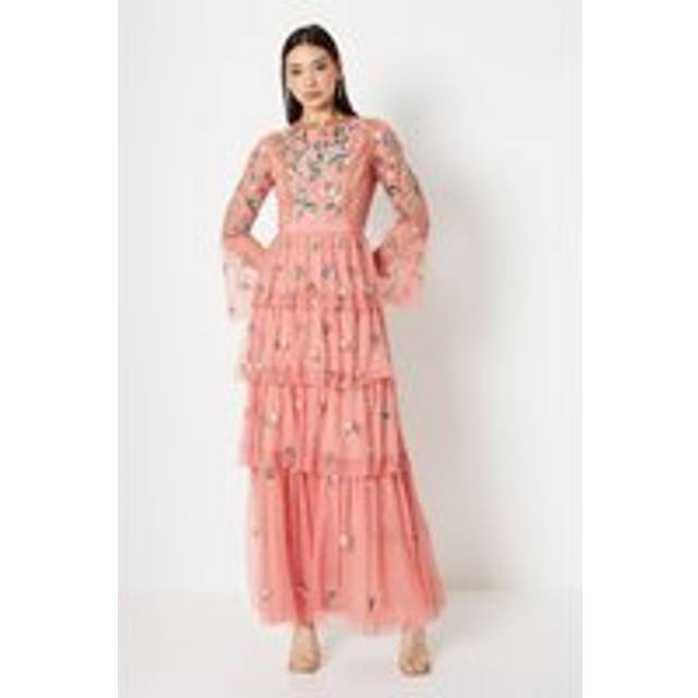 Hand Embellished Tiered Skirt Maxi Dress - Pink - 10