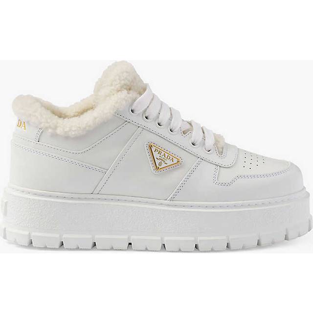 Prada Womens White Brand-plaque Shearling-lined Leather Mid-top Trainers Eur 36 / 3 Uk Women - WHITE