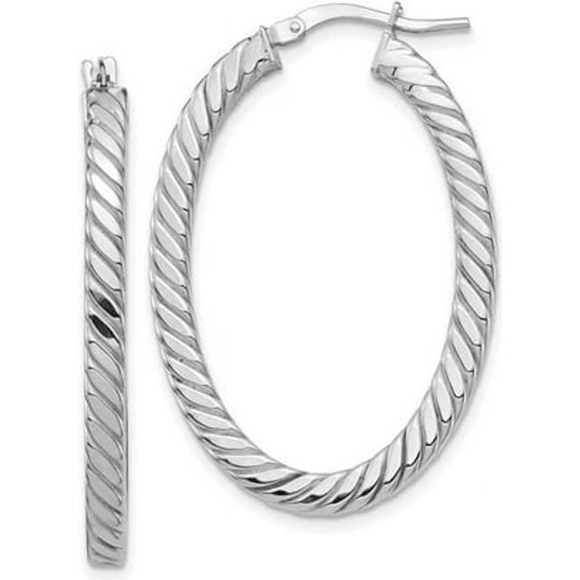 14K White Gold Polished & Twisted 3 mm Square Tube Oval Hoop Earrings