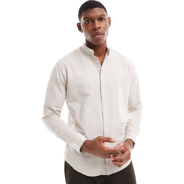 Jack & Jones – Beige linneskjorta med murarkrage-Naturlig