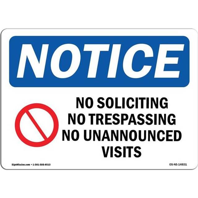 SignMission OS-NS-D-35-L-14831 OSHA Notice Sign - No Soliciting No Trespassing with Symbol
