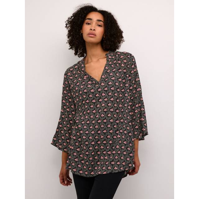 KAFFE Amber Floral Frill Tunic Top, Black/Multi