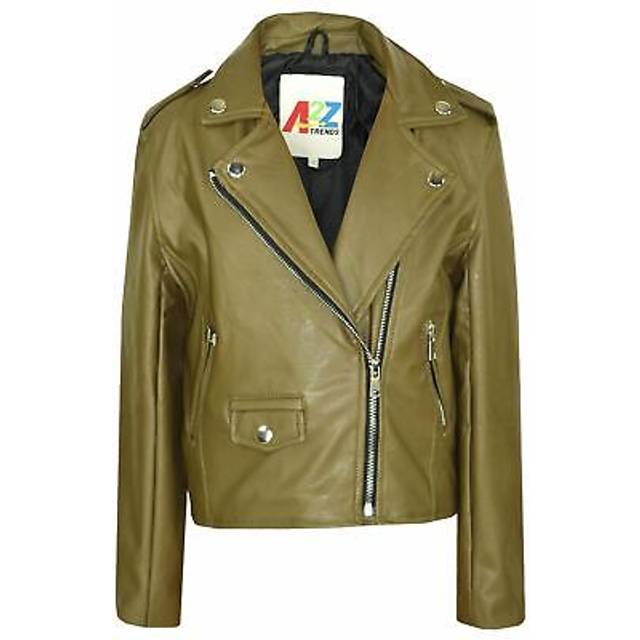 (11-12 Years, Olive) Girls PU Leather Olive Jacket Waterproof Coat