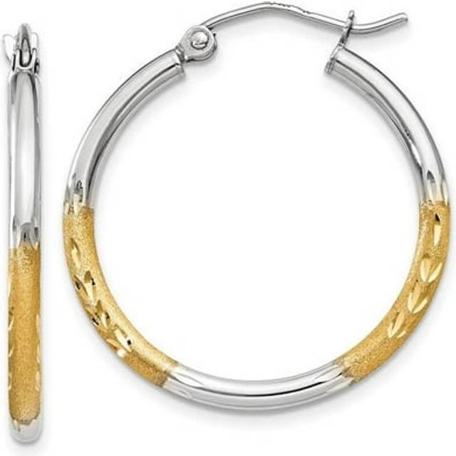 14K Yellow & Rhodium with 2 mm Satin & Polished Diamond-Cut Hoop Earrings - Red