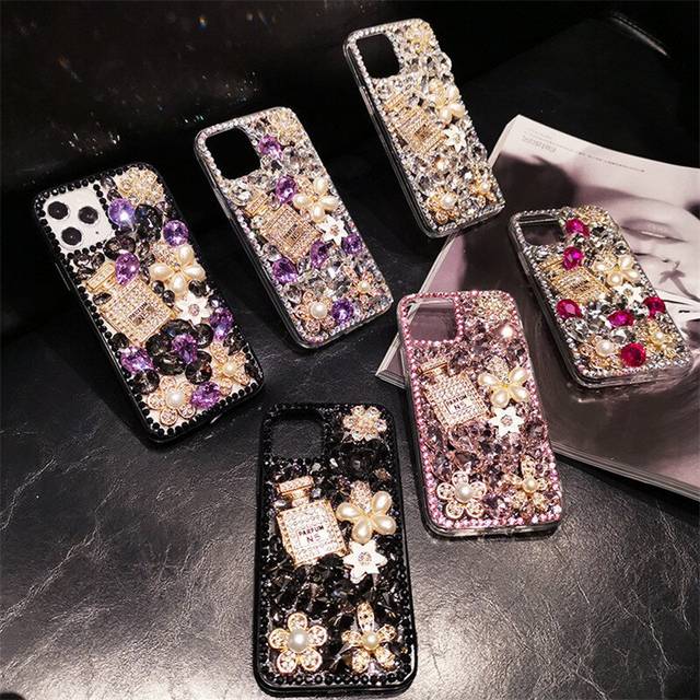 iPhone 13 Luxury Bling Glitter Case, Diamond Rhinestone 3D Perfume Bottle & Flower, Soft TPU Cover for Women & Girls