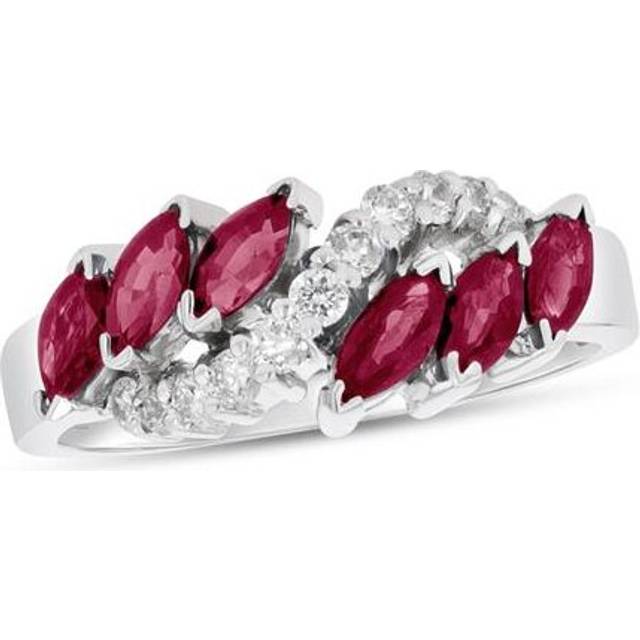 Louis Creations RL2520RD-5 1.25 CTW Diamond & Marquis Shaped Rubies Slant Ring, 14K White Gold - Size 5