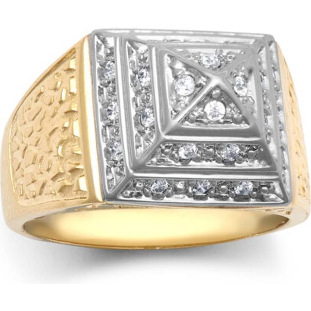 (C) Jewelco London Kids Solid 9ct Yellow and White Gold White Round Brilliant Cubic Zirconia Egyptian Pyramid 10mm Signet Ring - JBR036