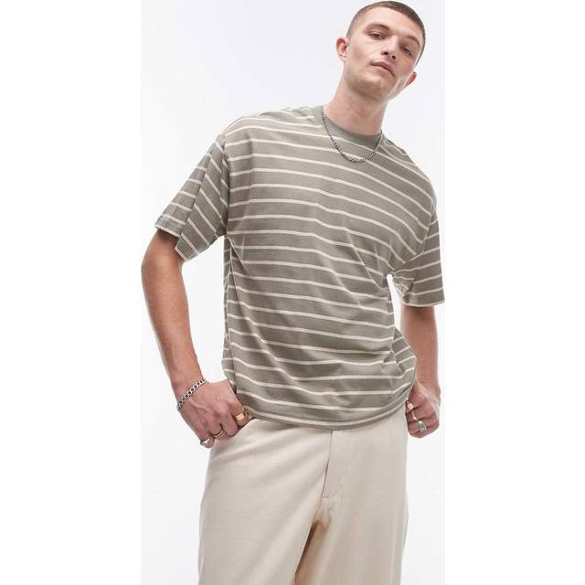 Selected Homme – Ljusbrun, randig t-shirt i oversize