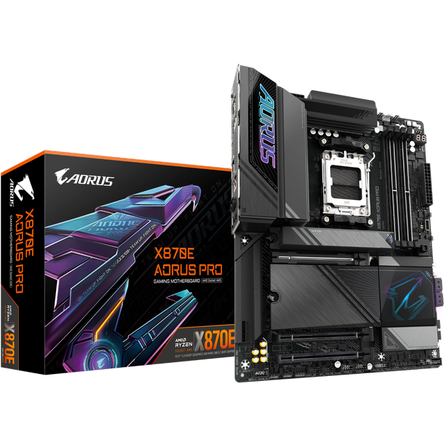 GIGABYTE X870E AORUS PRO moderkort - Stöder AMD Ryzen 9000 CPU, 16+2 + 2-fas digital VRM, upp till 8000 MHz DDR5 (OC), 3xPCIe 5.0, Wi-Fi 7, 2,5 GbE LAN, USB 4