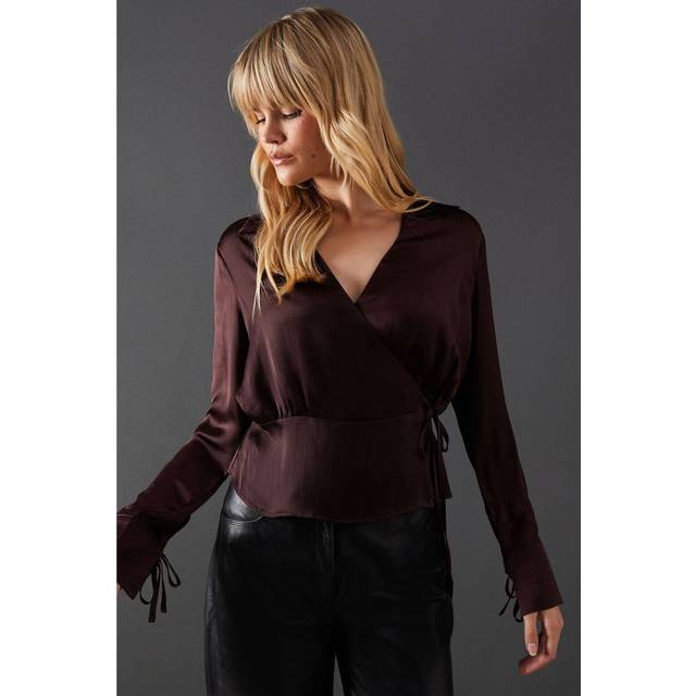 Warehouse Womens Crinkle Satin Wrap Front Tie Side Blouse - Chocolate - Size 8 UK