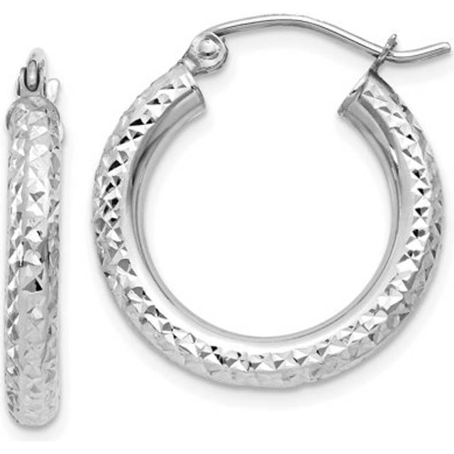 10K White Gold Diamond-Cut 3 mm Round Hoop Earrings