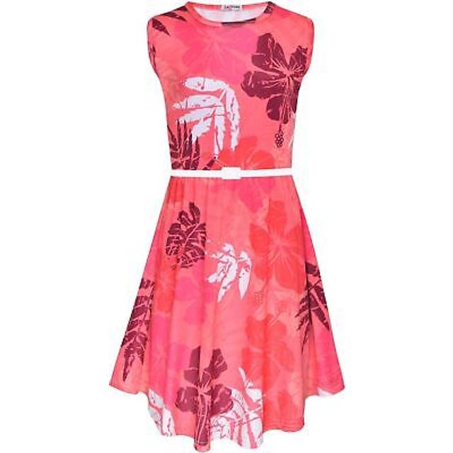 Kids girls skater dress sleeveless camo leaf print pink party summer dresses