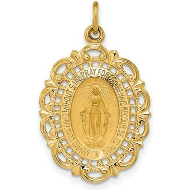 14K Yellow Gold Solid Polished Satin Fancy Pierced Oval Miraculous Medal Pendant