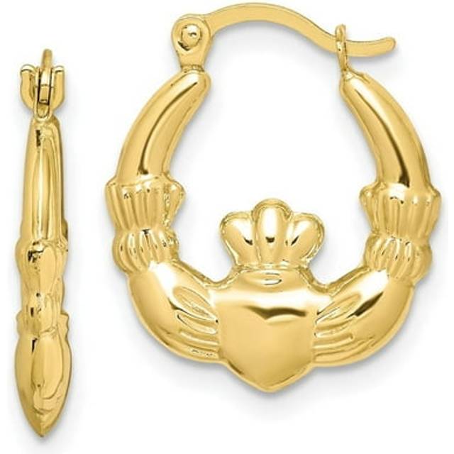 10K Yellow Gold Claddagh Hollow Hoop Earrings