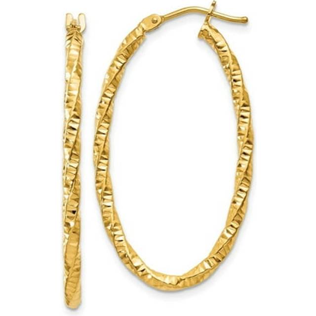 14K Yellow Gold 2 mm Diamond-Cut Oval Hoop Earrings