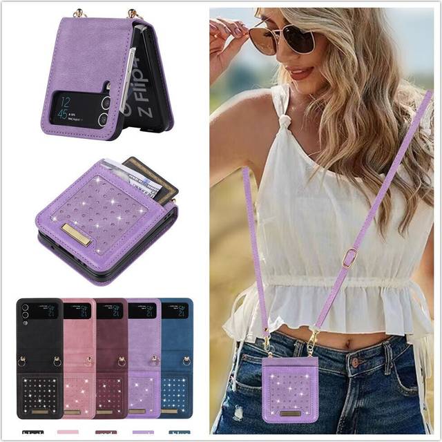 Case for samsung galaxy z flip 5 4 bling leather wallet cards strap phone cover