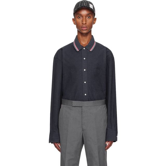 Thom Browne Navy Stripe Cotton Flannel Oversized Shirt - 415 NAVY - 2