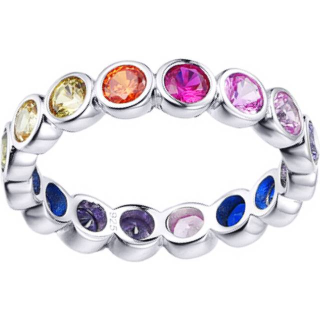 (Q) Jewelco London 925 Silver Rhodium Plated Multi Col CZ Full Eternity Ring - ARN192