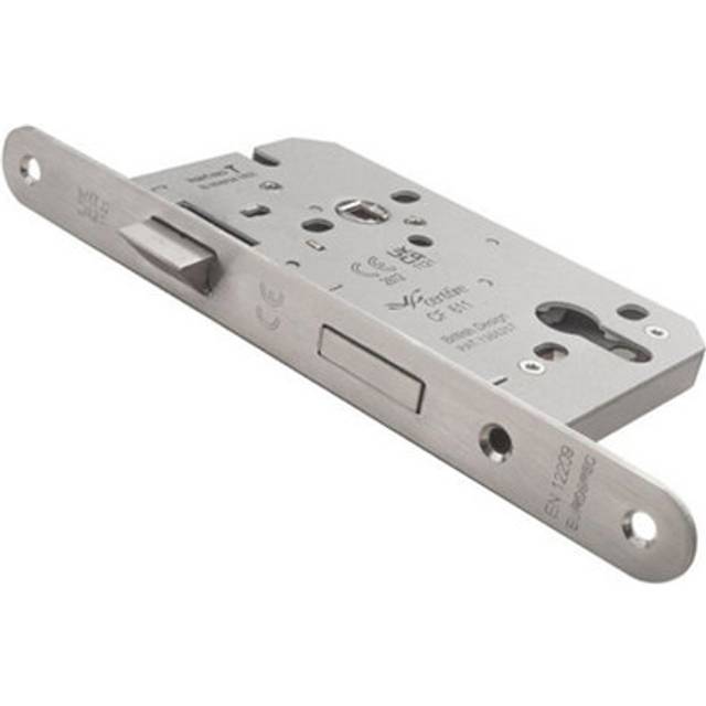 55mm euro profile sashlock latch - satin steel radius - reversible bathroom lock