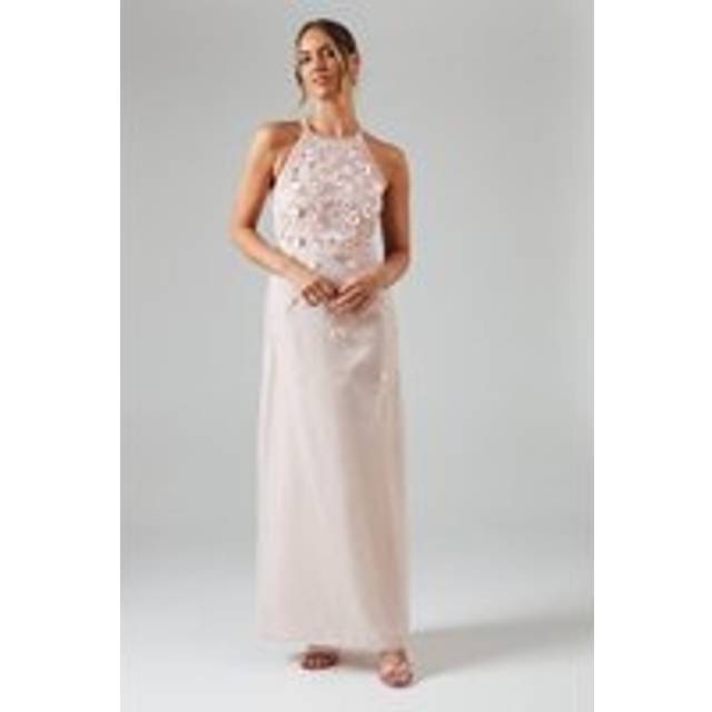 Halterneck Trailing Floral Embellished Bridesmaids Dress - Pink - 16