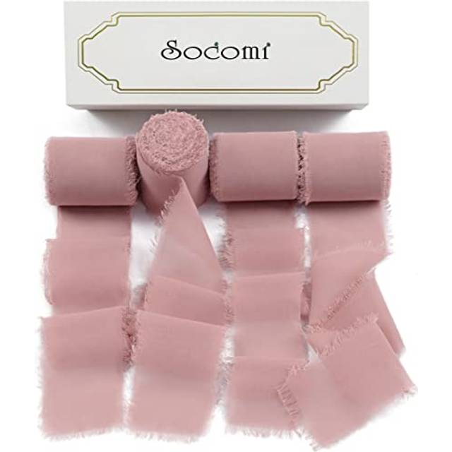 "Socomi Dusty Rose Handmade Fringe Chiffon Silk Ribbon 1-3/4"""""""" x 7Yd 4 Rolls Frayed Ribbons for Wedding Invitations Bridal Bouquets Gift Wrapping"