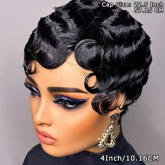 SHEIN Women&#39;s Short Deep Wave 150% Density Finger Wave Pixie Cut Wig  Remy Brazilian Human Hair Full Machine Made With Rose Net Cap Basic Style For African