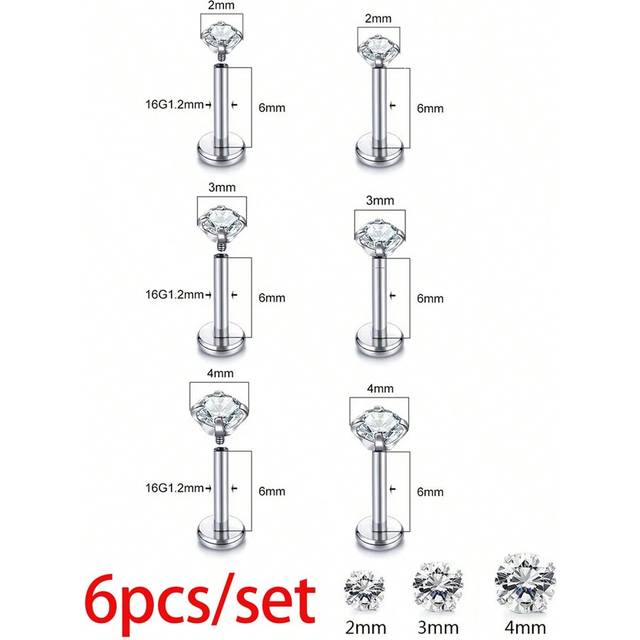 SHEIN 6PCS Stainless Steel Nose Stud Cartilage Piercing Jewelry Helix Tragus Lip Flat Back Tiny Earrings For Women 16G