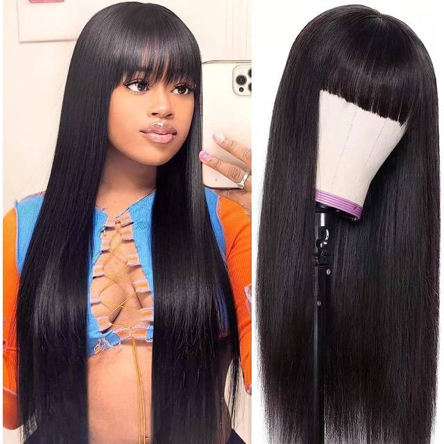 SHEIN Brazilian Straight Virgin Hair Wigs 180% Density Silky Straight Hair With BangsNo Lace Front Machine Made Wigs Natural Black Color No Glue Required