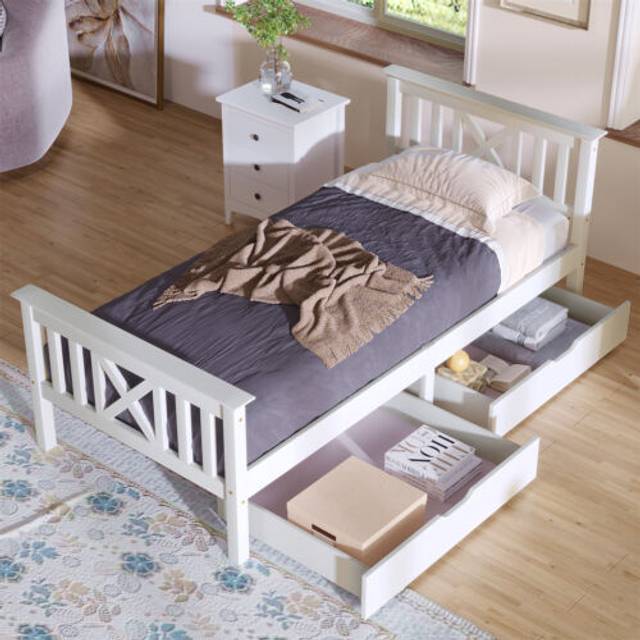 3FT Single Bed with Drawers Wooden Bed Frame Single Storage Bed For Adults, Kids, Teenagers, 90x190 cm, White