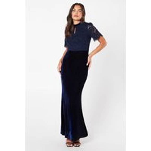 Lace Bodice Keyhole Detail Velvet Skirt Maxi Dress - Midnight - Navy - 10