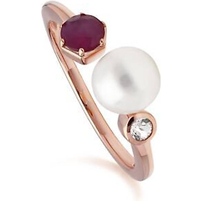 (L) Modern Pearl, Ruby & Topaz Open Ring in Rose Gold Plated Sterling Silver