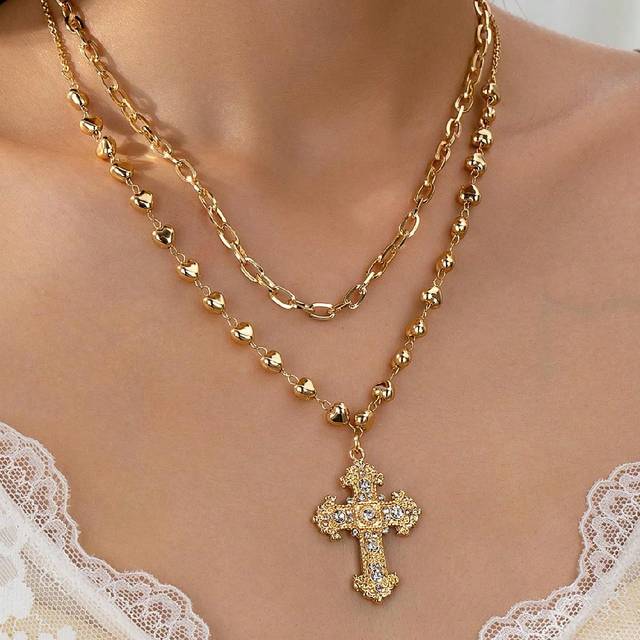 SHEIN 2 Pcs Golden Color Cross Pendant Heart Metal Chain Necklace Stacked Necklaces For Women Valentines,Mom,Mother,Mother&#39;s Day,Gift