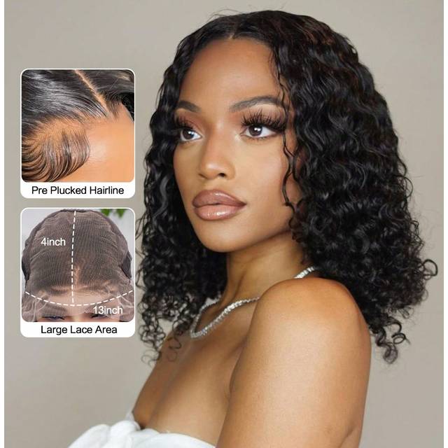 9AM Hair Water Wave Short Bob Wig Unprocessed Human Hair Brazilian Wavy Lace Front Wigs For Women Wet And Wavy 13x4 Full Transparent Lace Frontal Bob Wig Natur