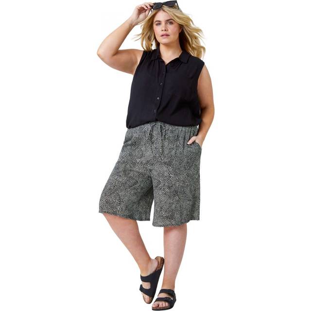 Roman Curve Black Spot Print Elastic Waist Crinkle Shorts - Size 30-32