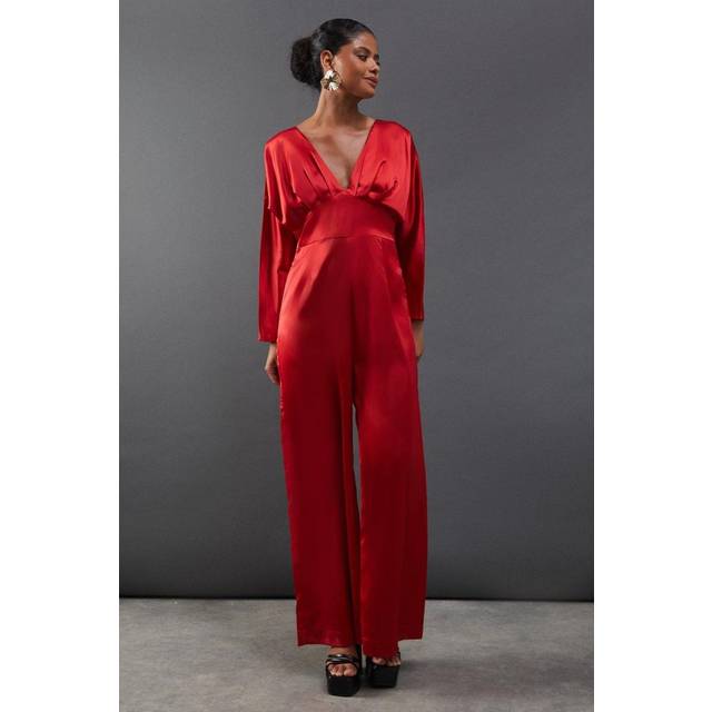 Warehouse Womens Satin Batwing Wide Leg Jumpsuit - Red - Size 10 UK