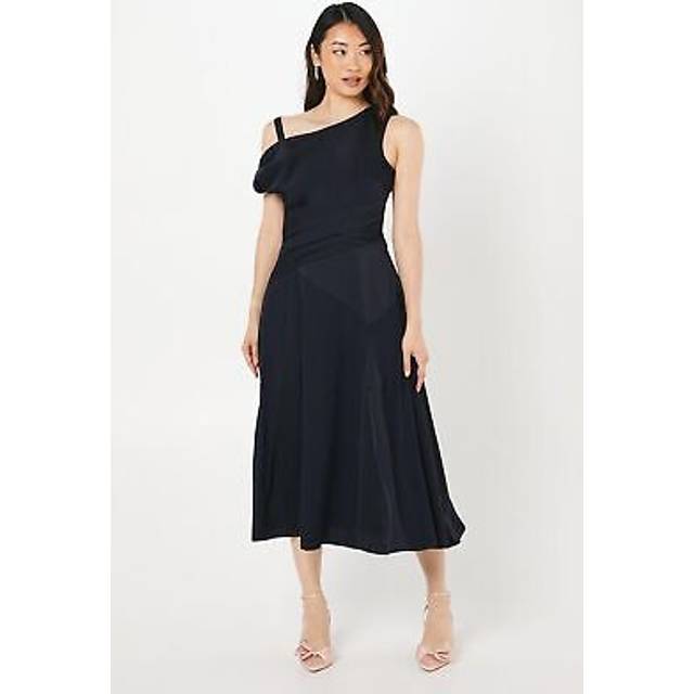 Draped Panelled One Shoulder Crepe Wedding Guest Dress - Navy - 10