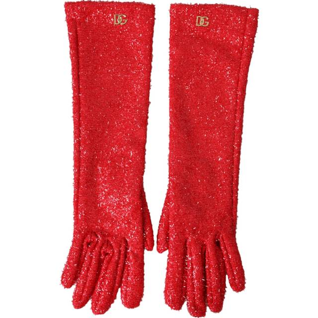 Dolce & Gabbana Women's Mid Arm Length Lurex Gloves with Logo Details. Women - Red