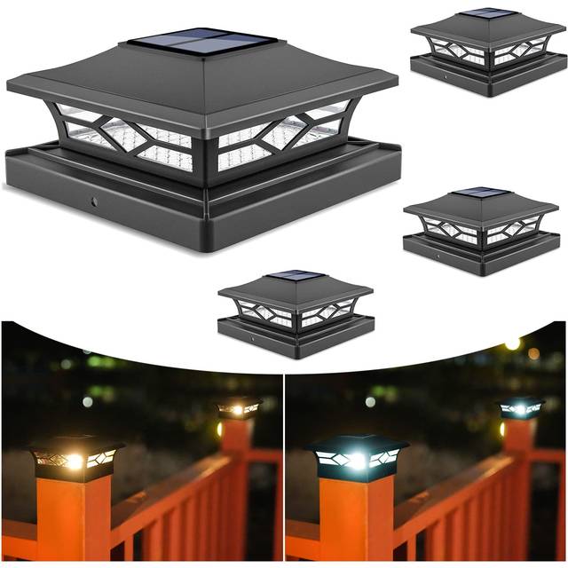 VOLISUN Solar Post Cap Lights: 4 - Pack Outdoor Post Light for White/Black 4x4 Vinyl Fence Deck - Dock 4x4/6x6 Wooden Post 2 Color Modes Waterproof