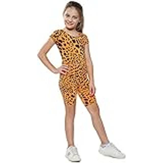 (13 Years, Neon Orange) Kids Girls Crop Top & Cycling Shorts Leopard Print