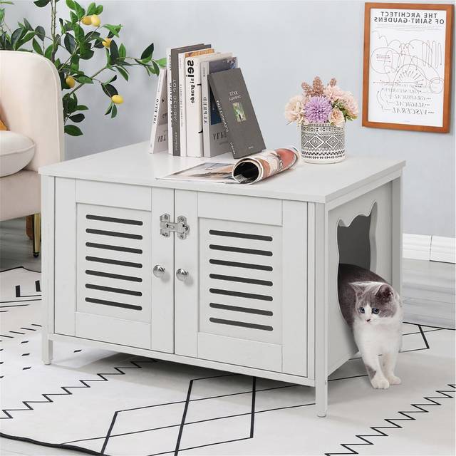 Cat Litter Box Enclosure, Wooden Cabinet With Lid For Cat Litter - White (45cm H X 70cm W X 48cm D)