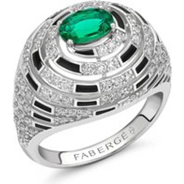 Faberge x Beetlejuice Beetlejuice 18ct White Gold Emerald Diamond and Black Enamel Spiral Bombe Ring - 55