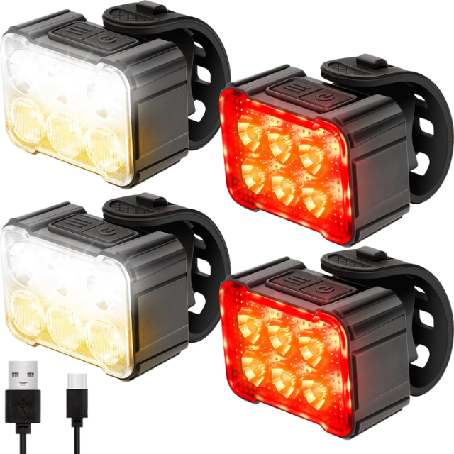 Chronus 4 Pack USB Rechargeable Bike Light Set,Super Bright Front and Rear Led Bicycle Light,Taillights with Internal Spot and External Flood
