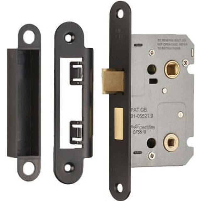 Matt black locking bathroom door sashlock latch - radius forend 76mm deep